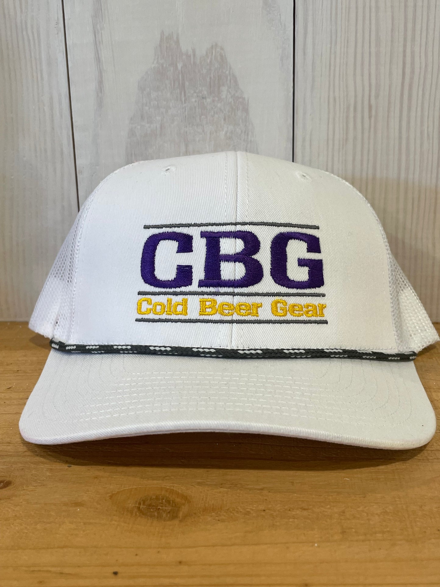 CBG White W/ grey rope hat (CBG in Purple & Cold Beer Gear in Gold)